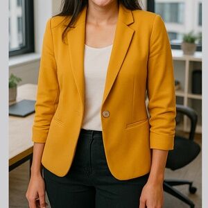 Mustard Yellow Ruched-Sleeve Blazer – Medium – Structured Fit